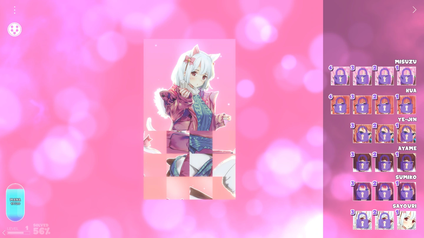 Sayouri, ein weißhaariges Katzenmädchen in rosa Jacke und blauem Strickoberteil, auf einem teilweise gelösten Kachelpuzzle.