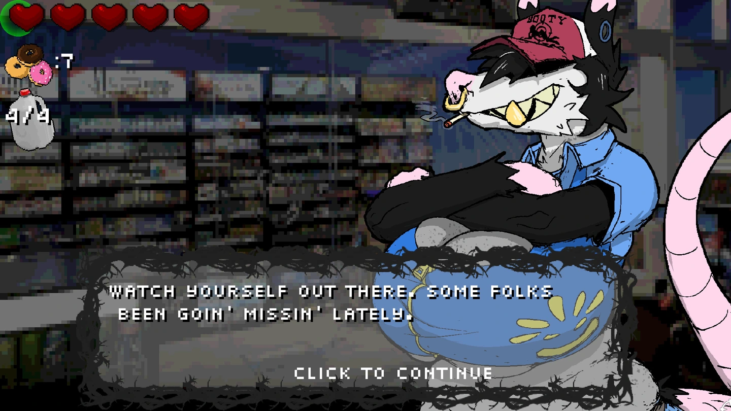 An animal storekeeper in a cap and blue apron warning that people have been going missing.