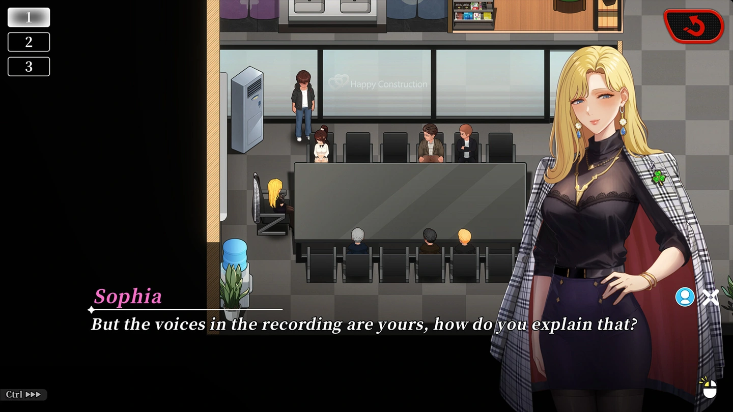 Sophia in a covered black outfit speaking during a modern office meeting.