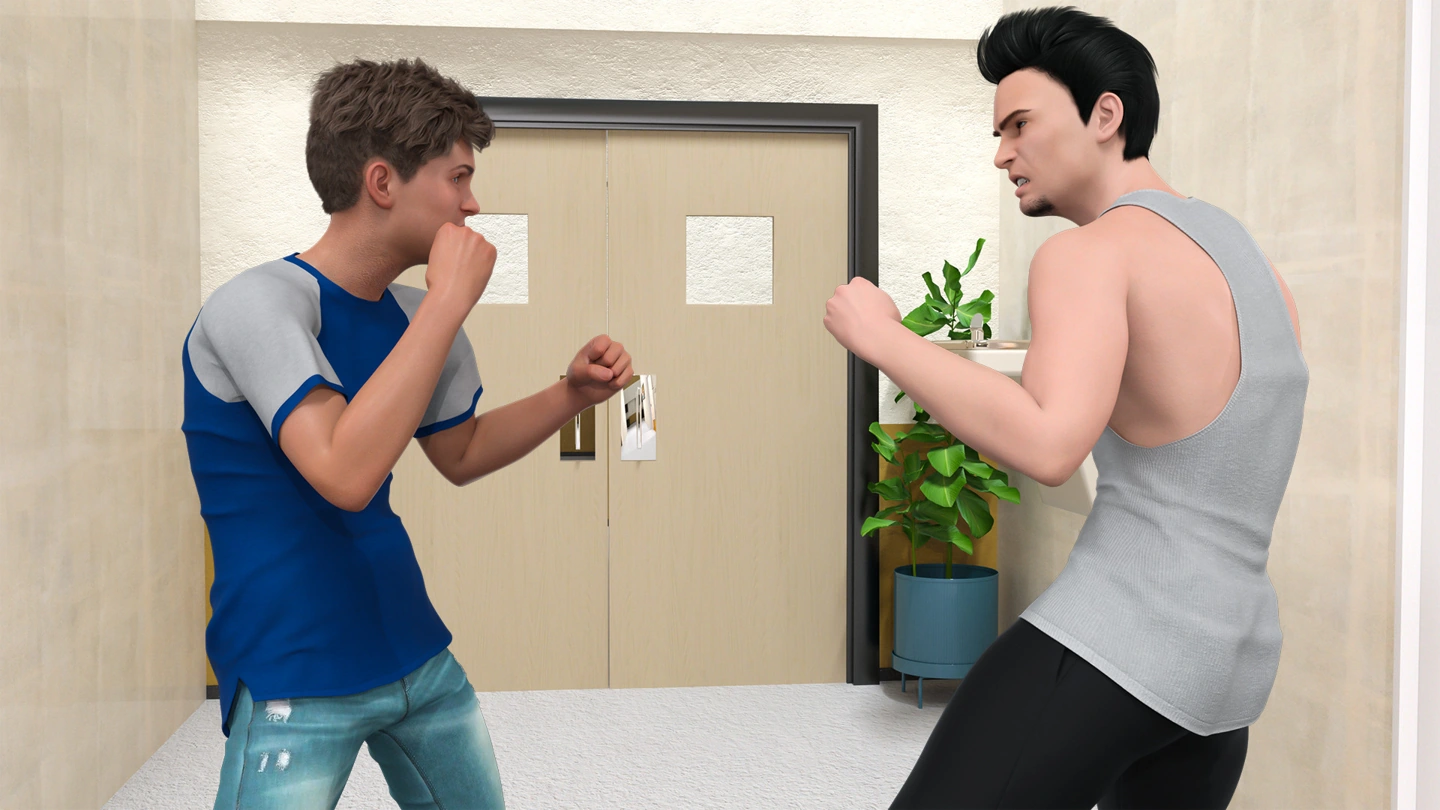 Two clothed college men practise fighting in a room.