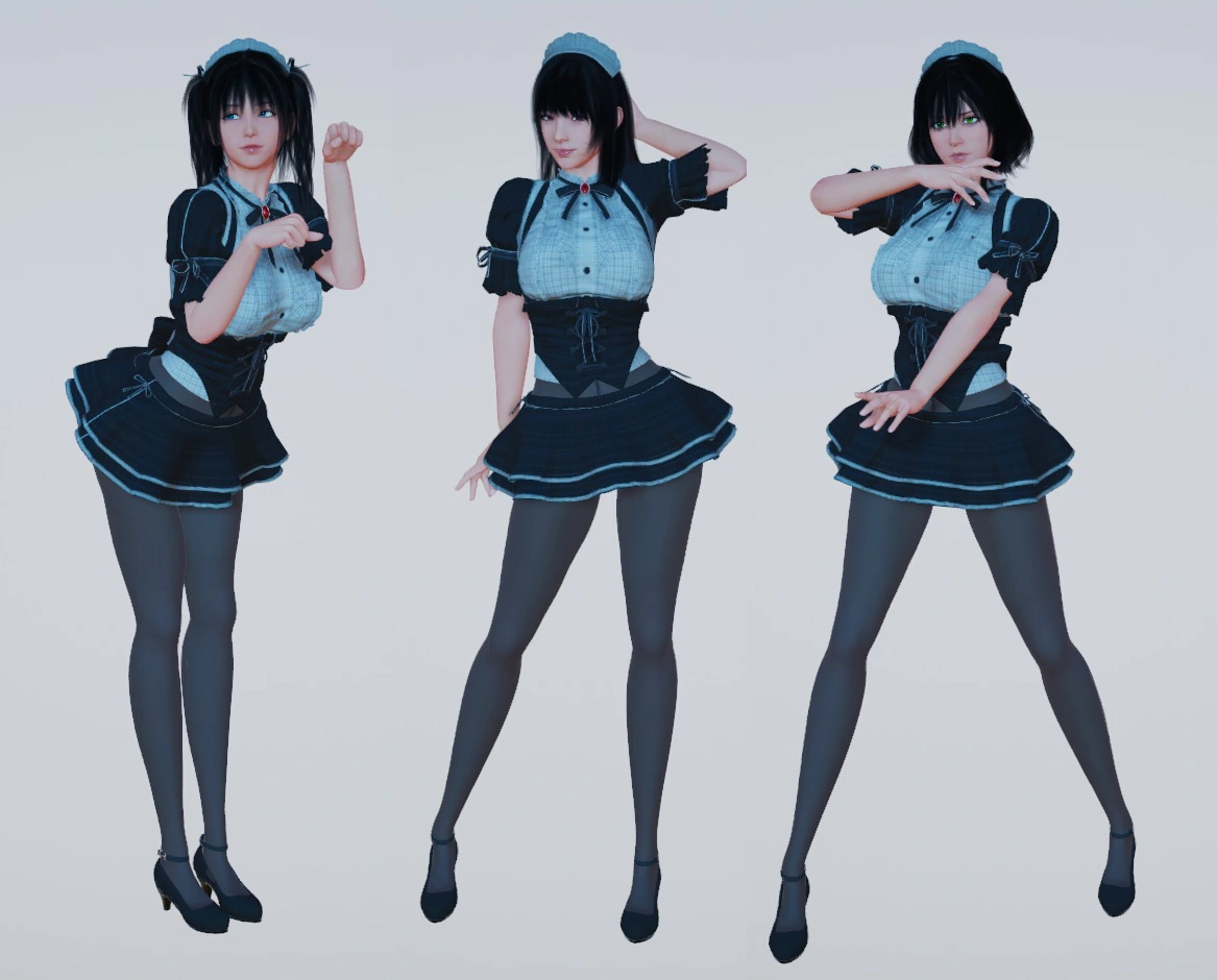 Three covered models wear blue work shirts, dark skirts, stockings and heels in an official outfit illustration.