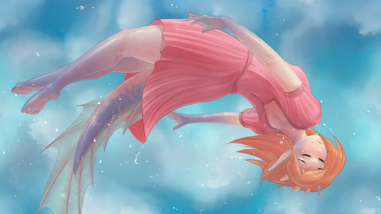 Grace, wearing a covering pink dress, turns underwater as fins extend from her legs.