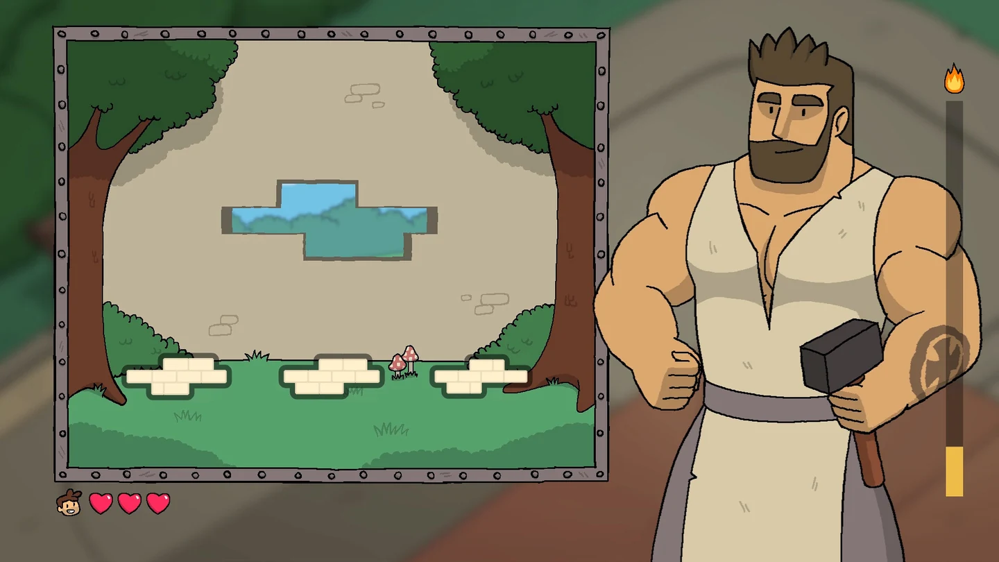 A hammer-wielding blacksmith appears beside a maze-like work minigame and its timing meter.