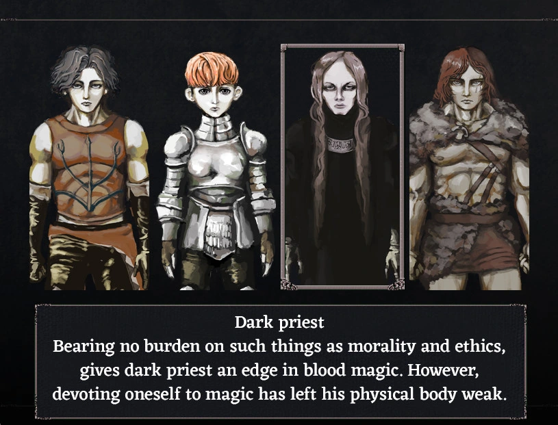 Four starting-character portraits with the Dark priest selected and his blood-magic description below.