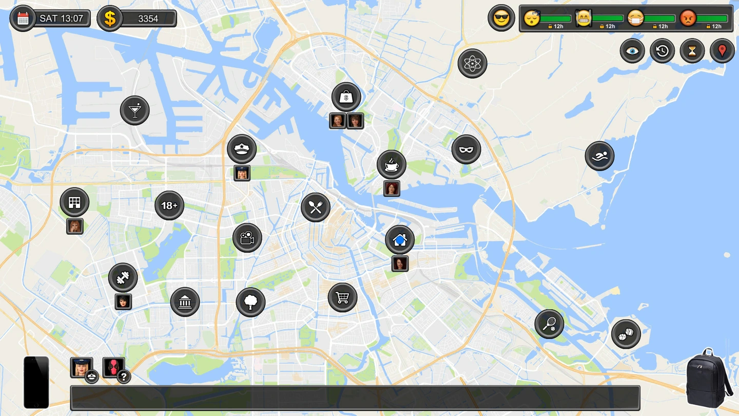 The city map displays location icons, character portraits, a Saturday clock and the player’s cash and needs.