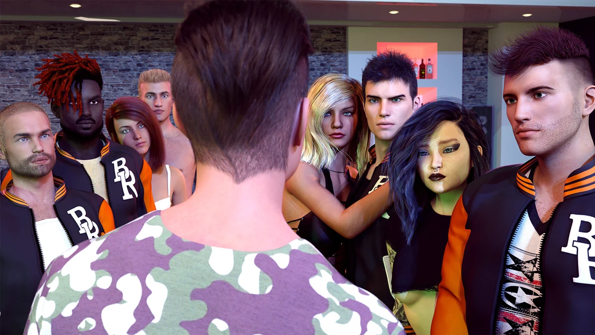 A group of clothed college students gathers for a conversation.