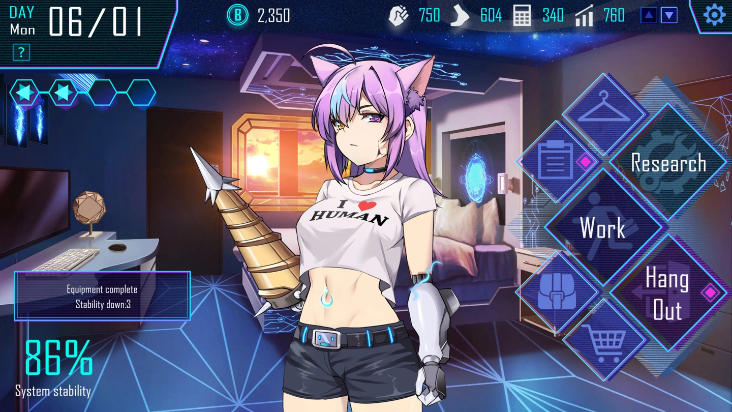 Aino trägt Katzenohren, ein bedeckendes T-Shirt und Shorts neben Outfit-Steuerelementen, einer Stabilitätsanzeige und Aktivitätsschaltflächen.