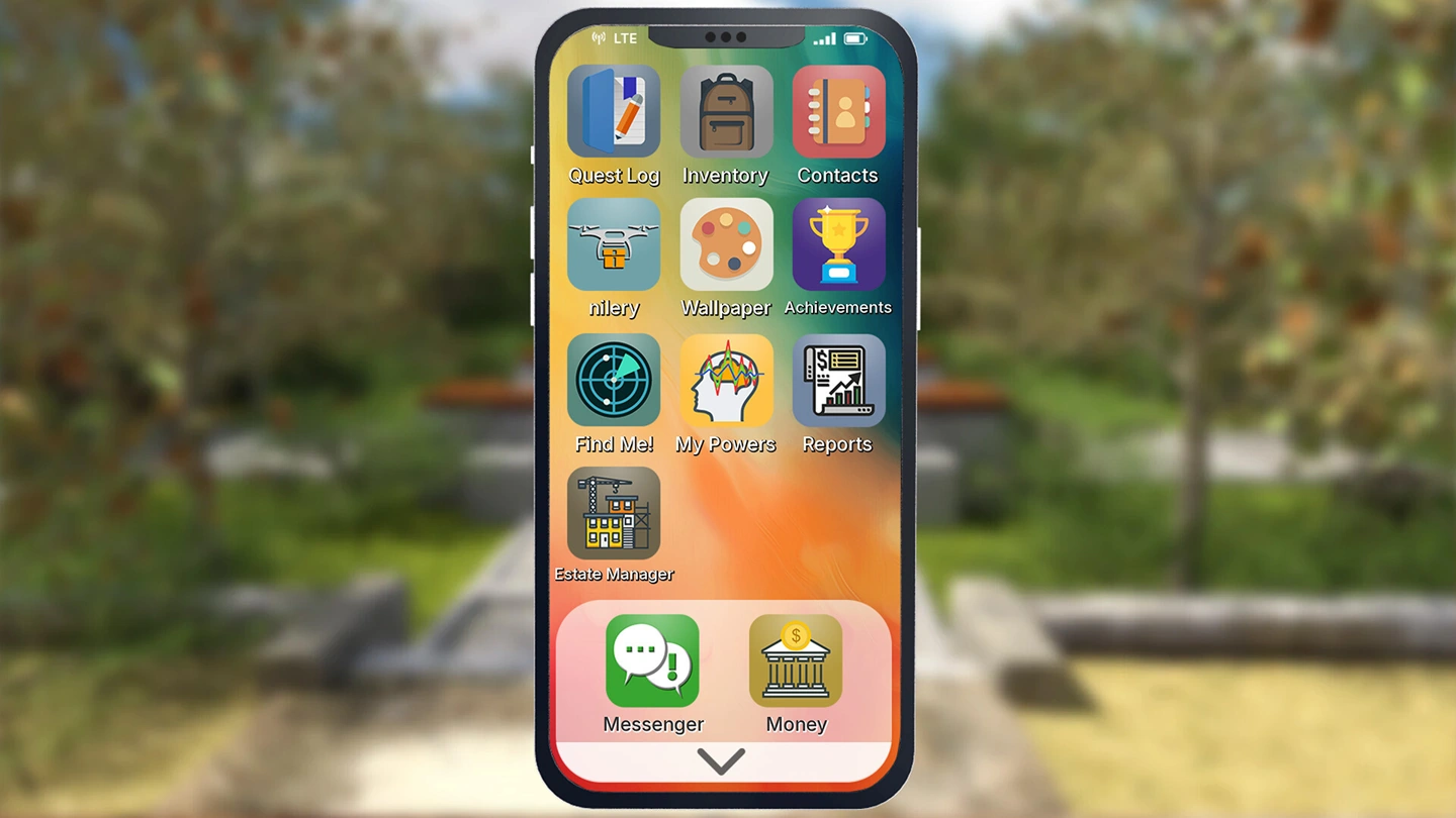 An in-game phone shows a quest log, inventory, contacts, powers, reports and estate-management apps.