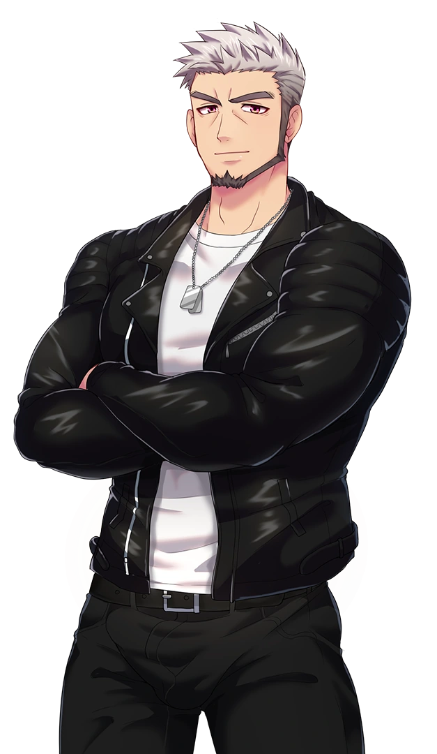 Goro folds his arms in a black leather jacket and white T-shirt in Scoutmaster Season character art.