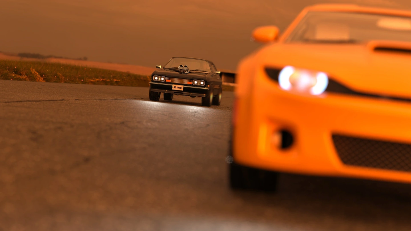 An orange sports car races ahead of another vehicle along a sunlit road.