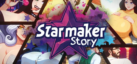 Логотип Starmaker Story на фиолетовой звезде в окружении нарисованных персонажей.
