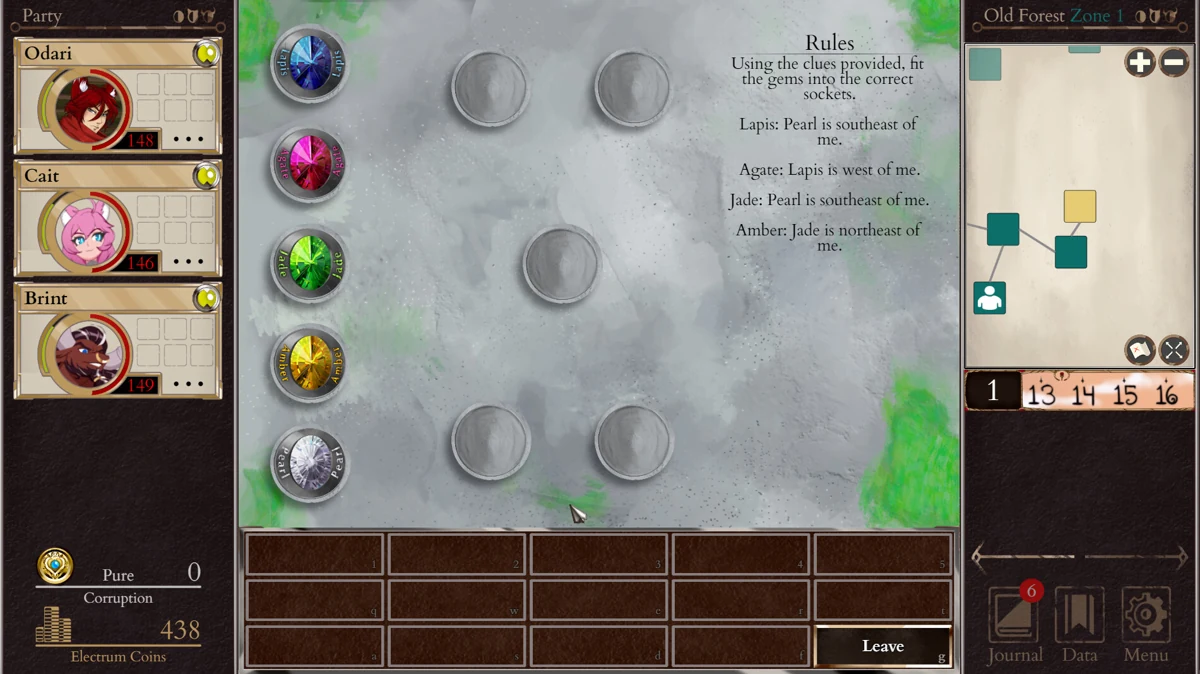 A colored-orb puzzle beside the party portraits and map.