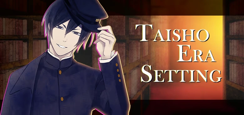Die offizielle Illustration Taisho Era Setting zeigt einen bekleideten Mann, der in einer Buchhandlung seinen Hut hält.