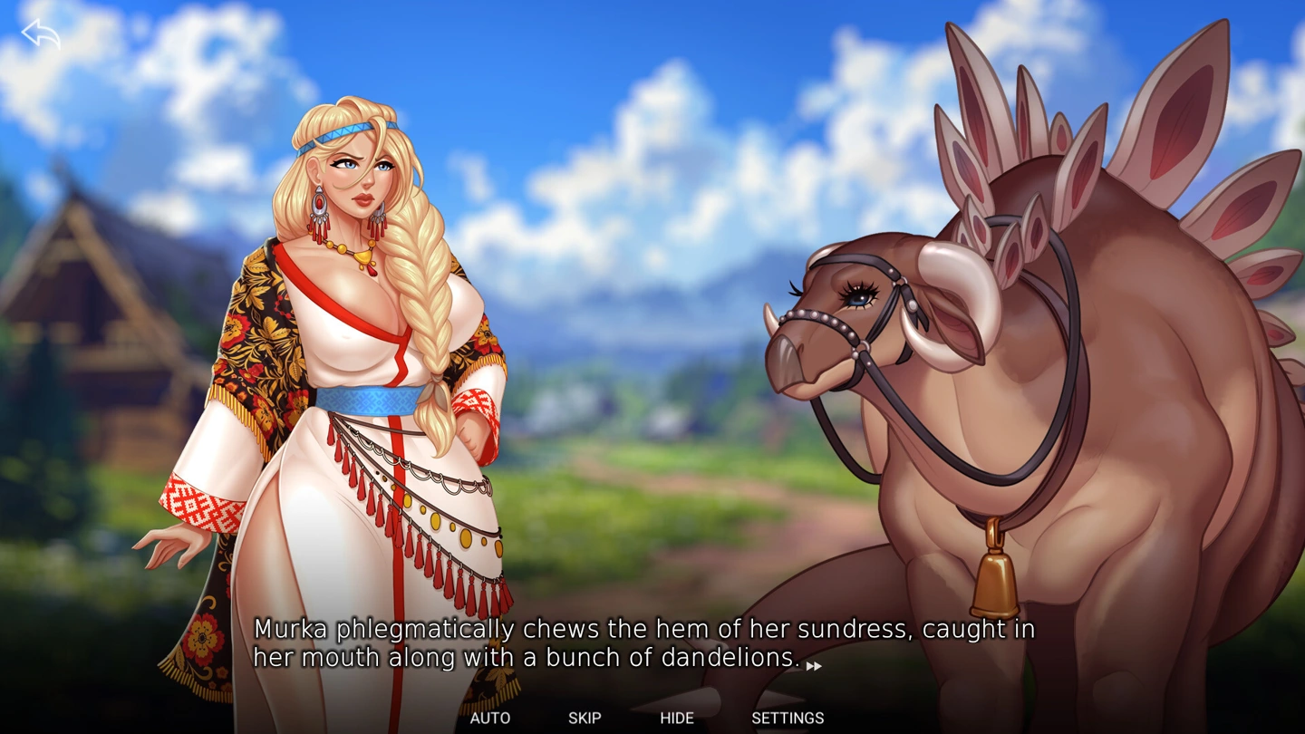 Clothed Miloslava stands outside a wooden house beside a comic brown horse-like creature.