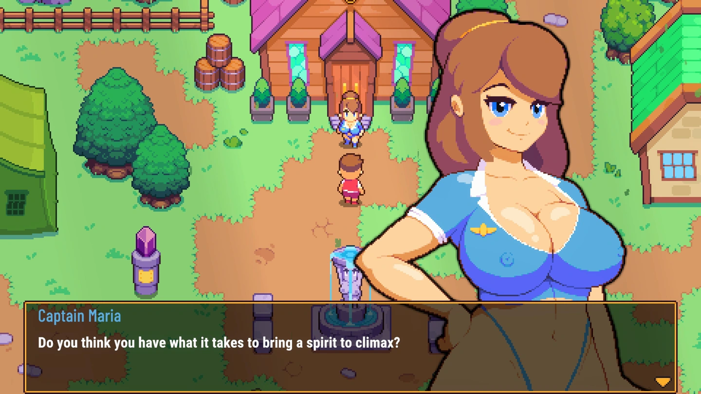 Captain Maria parla in un luminoso villaggio in pixel art.