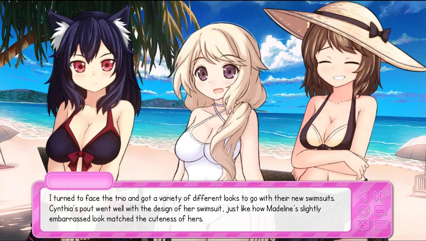 Cynthia in a black-and-red bikini stands with a blonde woman in a white swimsuit and a woman in a sunhat and black bikini during beach dialogue.
