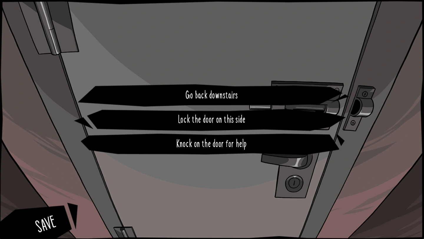 A close view of a door is overlaid by choices to return downstairs, lock it or knock for help.