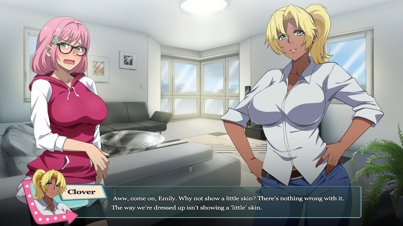 A pink-haired woman in glasses and a pink hoodie talks with a blonde woman in a white shirt and jeans inside an apartment.