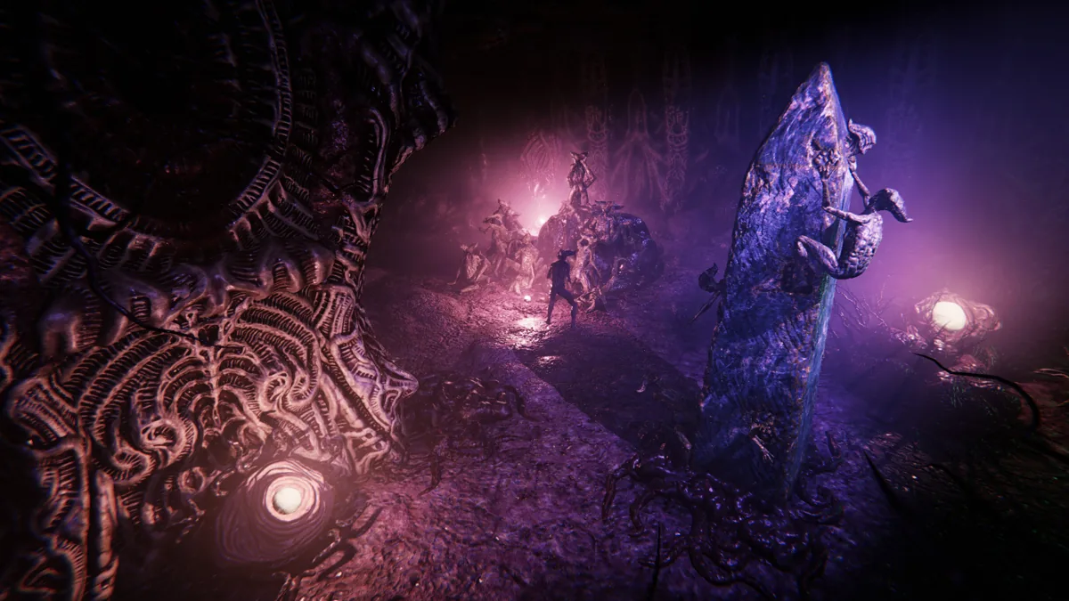 An alien landscape with a glowing monolith.