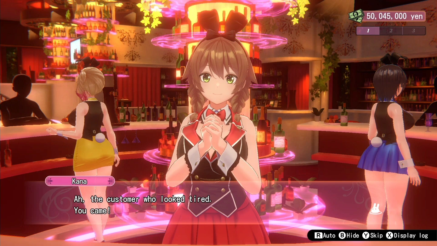 Kana greets the customer at the bar while wearing a red and black hostess outfit.