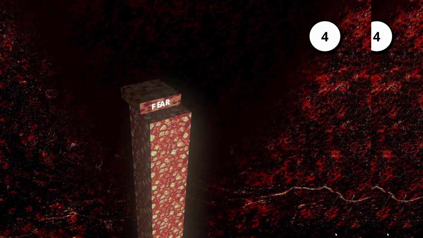 Un labirinto rosso scuro con superfici texturizzate contiene un pilastro con la scritta «Paura» e un contatore circolare che mostra quattro.