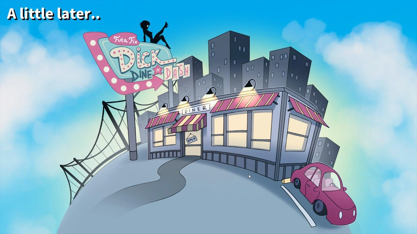 A drawn diner stands beside a parked car under clouds, with the words A little later on screen.