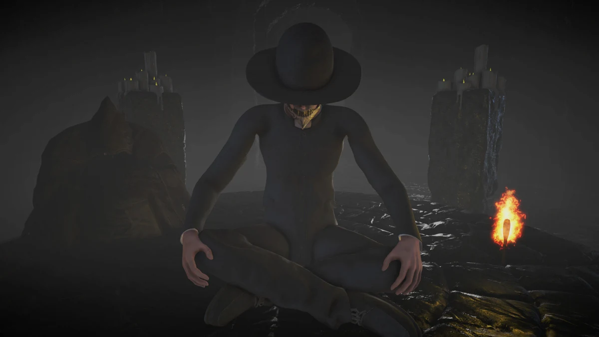 A mysterious figure in a dark coat and broad-brimmed hat sits beside a fire.