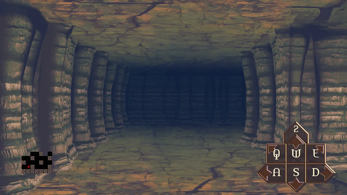 Ein Blick aus der Ichperspektive entlang eines steinernen Dungeon-Korridors.